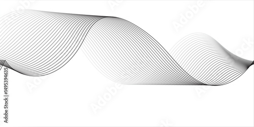 Create a minimalist abstract background featuring a smooth,monochrome wave pattern with fine gradient lines flowing across a white backdrop. The wave should appear elegant and dynamic, evoking a sense