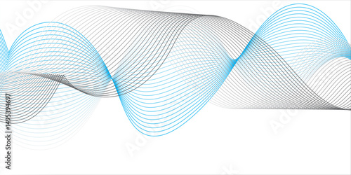 Create an abstract digital artwork featuring a flowing ribbon-like wave with smooth gradients of blue and gray tones. The wave should have a 3D illusion with soft shadows and a sense of motion, 