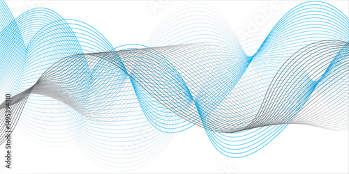 Create an abstract digital artwork featuring a flowing ribbon-like wave with smooth gradients of blue and gray tones. The wave should have a 3D illusion with soft shadows and a sense of motion, 