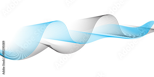 Create an abstract digital artwork featuring a flowing ribbon-like wave with smooth gradients of blue and gray tones. The wave should have a 3D illusion with soft shadows and a sense of motion, 