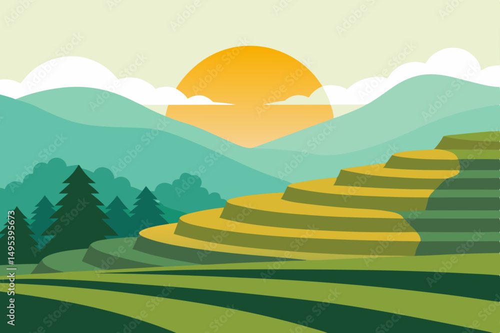 Obraz premium sunrise over rice terraces with morning fog 