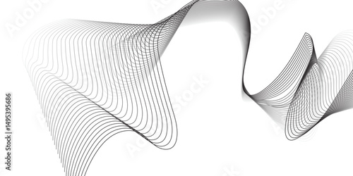 abstract background featuring a smooth, flowing wave made of thin black lines on a white background.The wave should have a three-dimensional appearance with gentle gradients and curves, giving a sense