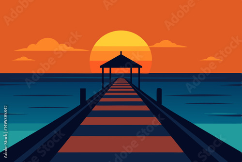 sunset on a pier stretching into the still ocean   