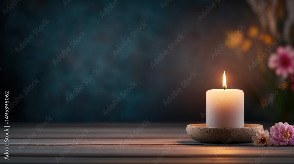 White Candle on Wooden Plate with Soft Light and Flowers in Background White Candle on Wooden Plate with Soft Light and Flowers in Background