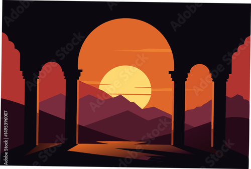 sunset through the arches of ancient ruins  .svg