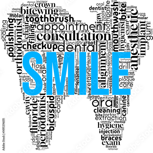 Smile word cloud with dental health, hygiene, and oral care terms arranged in a tooth shape. Ideal for dental clinics, health brochures, wellness visuals, and hygiene campaigns