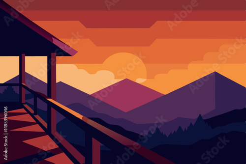 sunset view from a wooden balcony in the mountains.svg