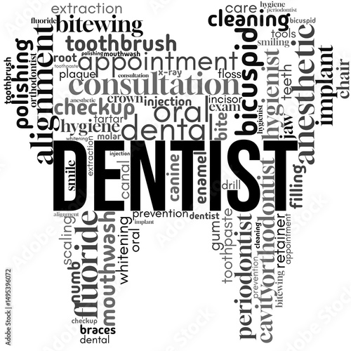 Dentist word cloud featuring terms related to dental care, hygiene, and oral health in a creative typography design. Great for dental clinics, health brochures, and educational visuals