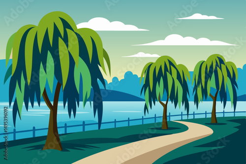 swaying willow trees on a lakeside promenade  