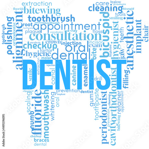 Dentist word cloud featuring terms related to dental care, hygiene, and oral health in a creative typography design. Great for dental clinics, health brochures, and educational visuals
