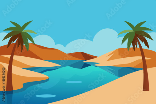 tranquil desert oasis with palms and calm water