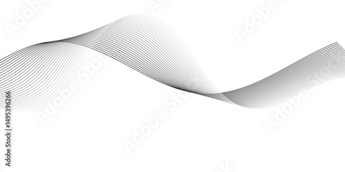 Create a minimalist abstract background featuring a smooth,monochrome wave pattern with fine gradient lines flowing across a white backdrop. The wave should appear elegant and dynamic, evoking a sense