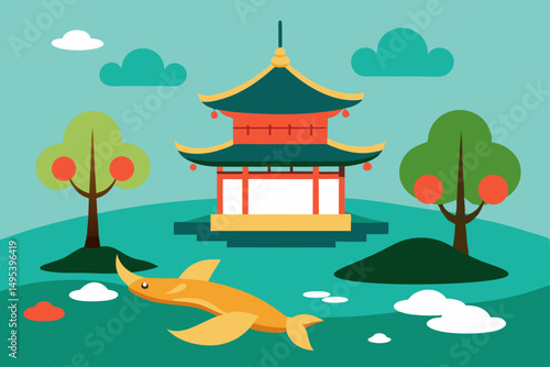 tranquil temple garden with koi pond and bonsai 