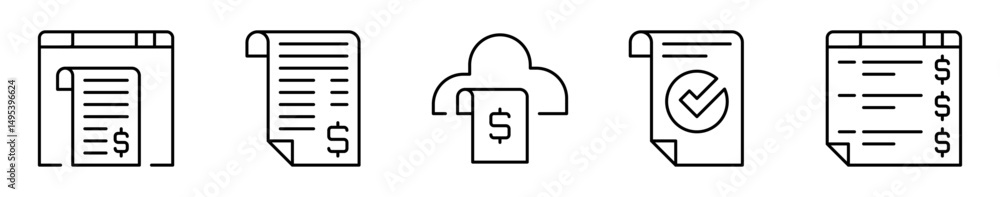 Conjunto de iconos de facturación electrónica. Finanzas, gestión digital y comprobantes online. Envío web, factura, almacenamiento, validación, resumen de pagos. Ilustración vectorial Conjunto de iconos de facturación electrónica. Finanzas, gestión digital y comprobantes online. Envío web, factura, almacenamiento, validación, resumen de pagos. Ilustración vectorial
