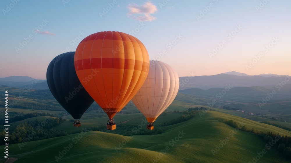 Obraz premium Colorful Hot Air Balloons Flying Over Green Hills at Sunrise in a Clear Blue Sky