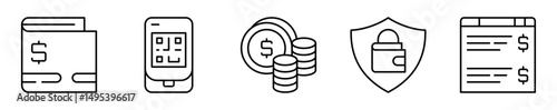 Conjunto de iconos de billetera digital. Pagos, seguridad y finanzas móviles. Tarjeta digital, escaneo QR, monedas, protección, gestión online. Ilustración vectorial