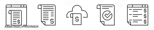 Conjunto de iconos de facturación electrónica. Finanzas, gestión digital y comprobantes online. Envío web, factura, almacenamiento, validación, resumen de pagos. Ilustración vectorial