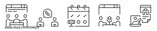 Conjunto de iconos de reuniones virtuales. Trabajo remoto, colaboración y videollamadas. Junta, llamada, programación de la reunión, conversación, entrega digital. Ilustración vectorial