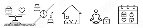 Conjunto de iconos de vida trabajo. Equilibrio, bienestar y productividad saludable. Balance, distribución, teletrabajo, mindfulness, planificación integral. Ilustración vectorial