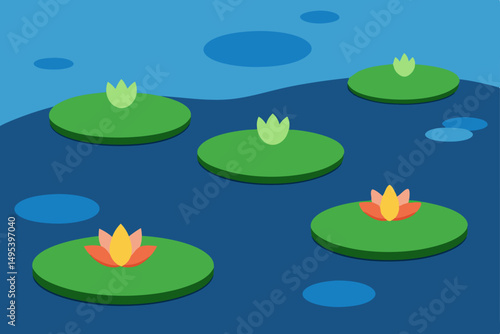 water lilies floating on a glassy lake 