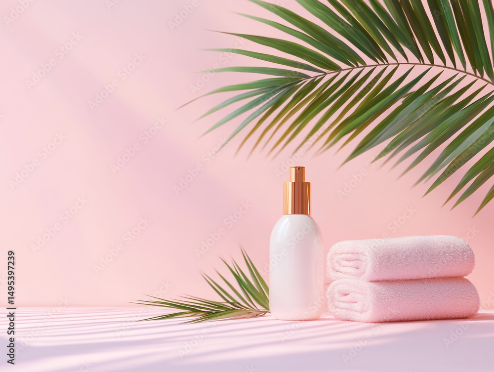 Close-up mockup of a pastel gradient background with a palm leaf and a bottle of shampoo, a beauty concept. Close-up mockup of a pastel gradient background with a palm leaf and a bottle of shampoo, a beauty concept.