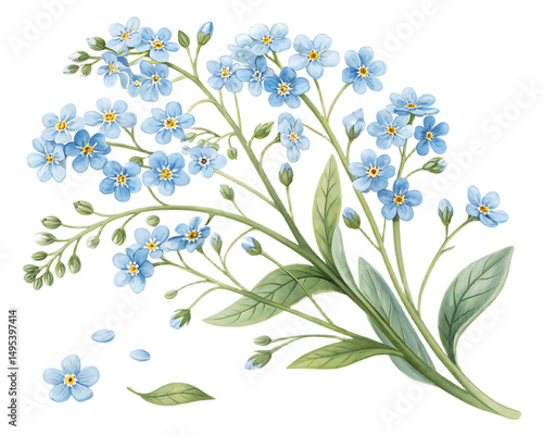 A watercolor illustration of forget me not flowers with green leaves on a black background art design