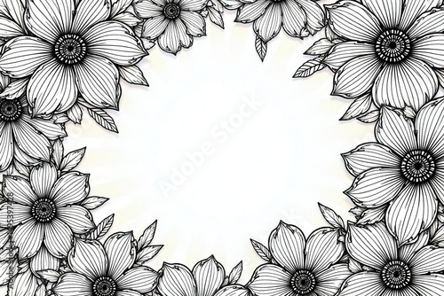 Intricate line art floral pattern, black & white, vector, illustration, botanical, vintage