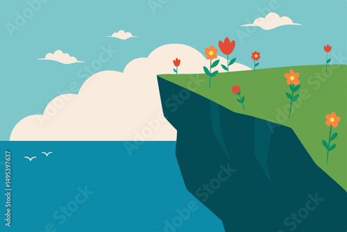 windswept cliff with wildflowers and vast sea 