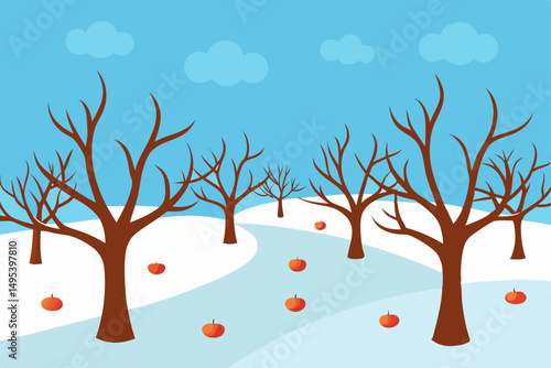 winter orchard with bare trees and soft snow 