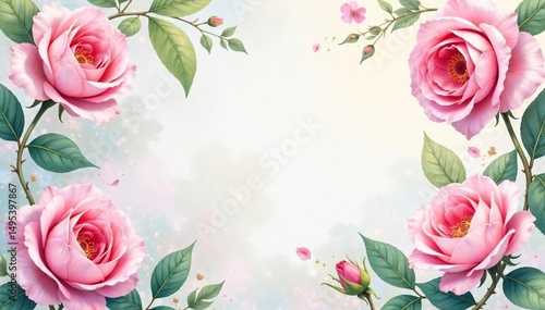 Delicate watercolor roses and leaves, soft pastel hues, watercolor, rose