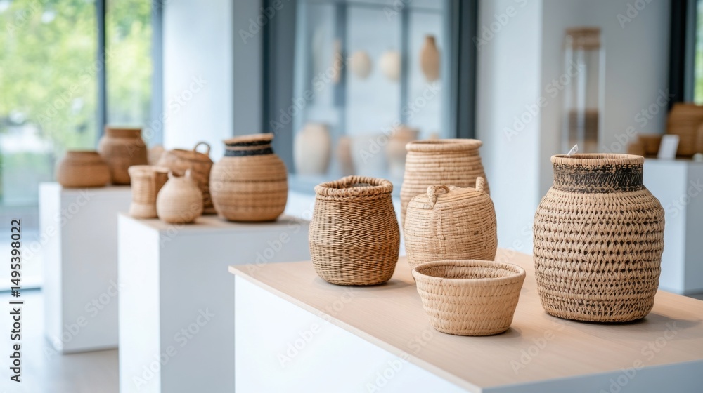 Fototapeta premium Collection of Handcrafted Baskets Displayed in Modern Exhibition Space