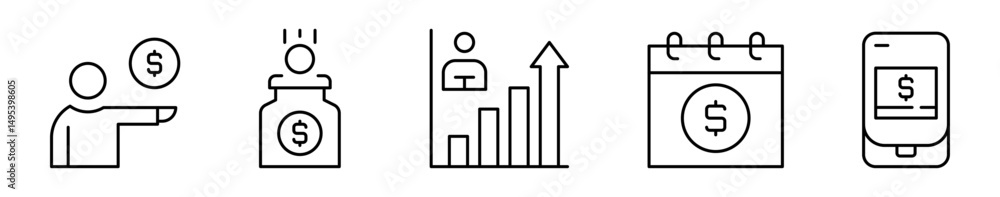 Conjunto de iconos de finanzas personales. Ahorro, control y crecimiento financiero. Ingreso, ahorro, inversión, planificación, pago móvil. Ilustración vectorial