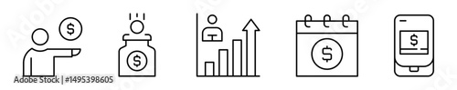 Conjunto de iconos de finanzas personales. Ahorro, control y crecimiento financiero. Ingreso, ahorro, inversión, planificación, pago móvil. Ilustración vectorial