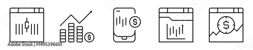 Conjunto de iconos de trading online. Finanzas digitales, análisis en tiempo real y compraventa de activos. Gráfica, intercambio, oscilación, rentabilidad. Ilustración vectorial
