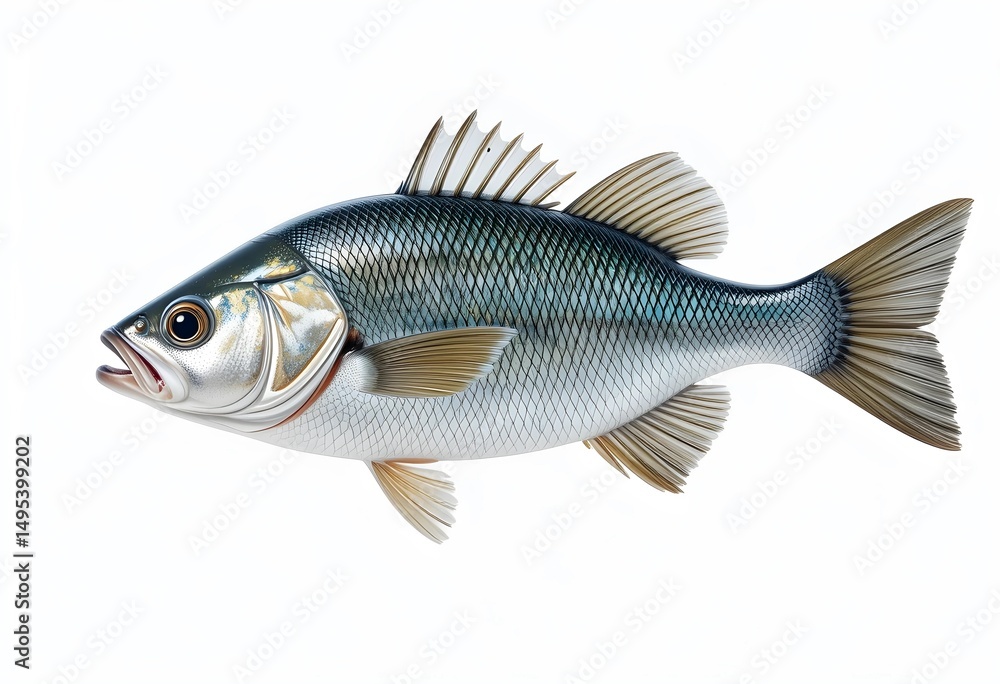 Fototapeta premium Realistic Sea Bass Fish Side View on White Background