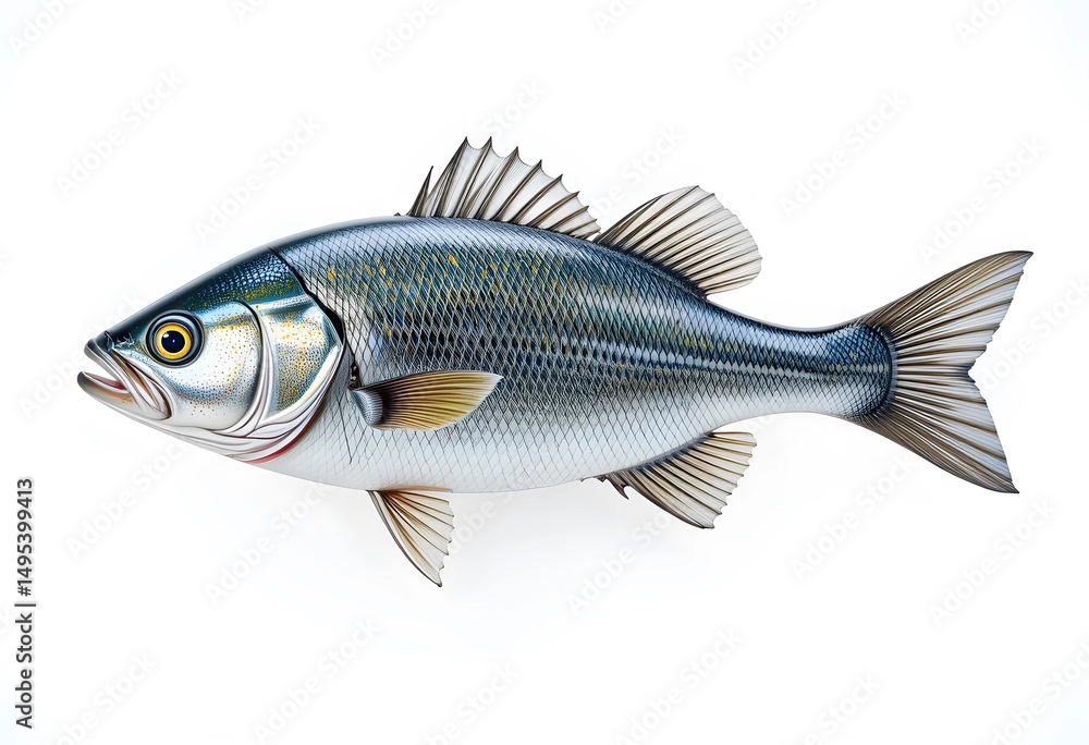 Fototapeta premium Detailed Sea Bass Fish in High Resolution, Side Angle on White
