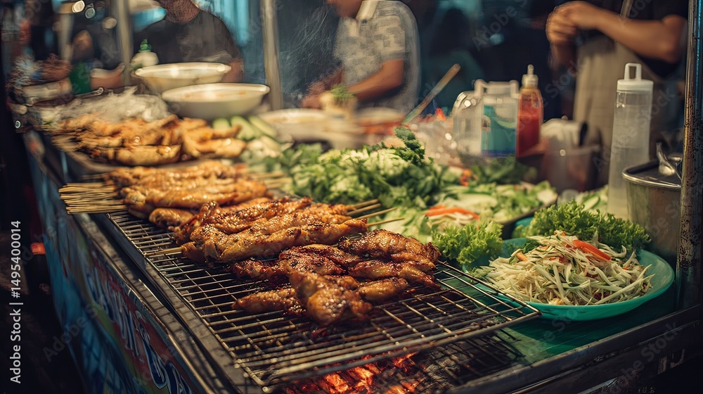 Obraz premium Grilling delicious skewers at a night market street food urban environment culinary experience