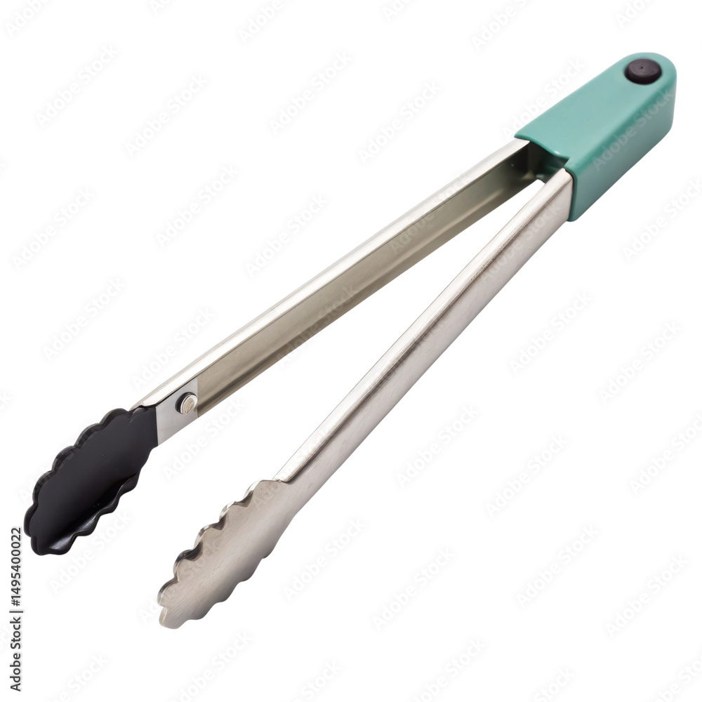 Fototapeta premium Metal tongs with a turquoise handle and black and silver gripping surfaces.