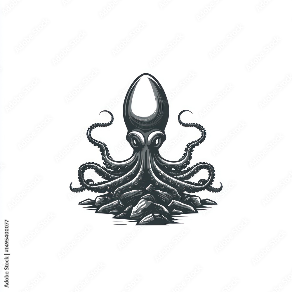 Fototapeta premium Silhouetted octopus on rocks, graphic design, for logo use