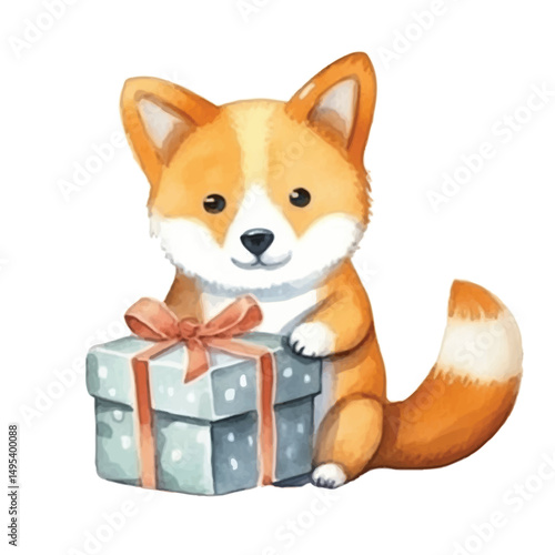 Adorable Watercolor Dog Holding a Gift Box