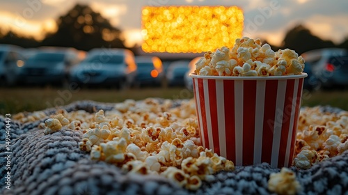 Popcorn in striped cup, drive-in movie