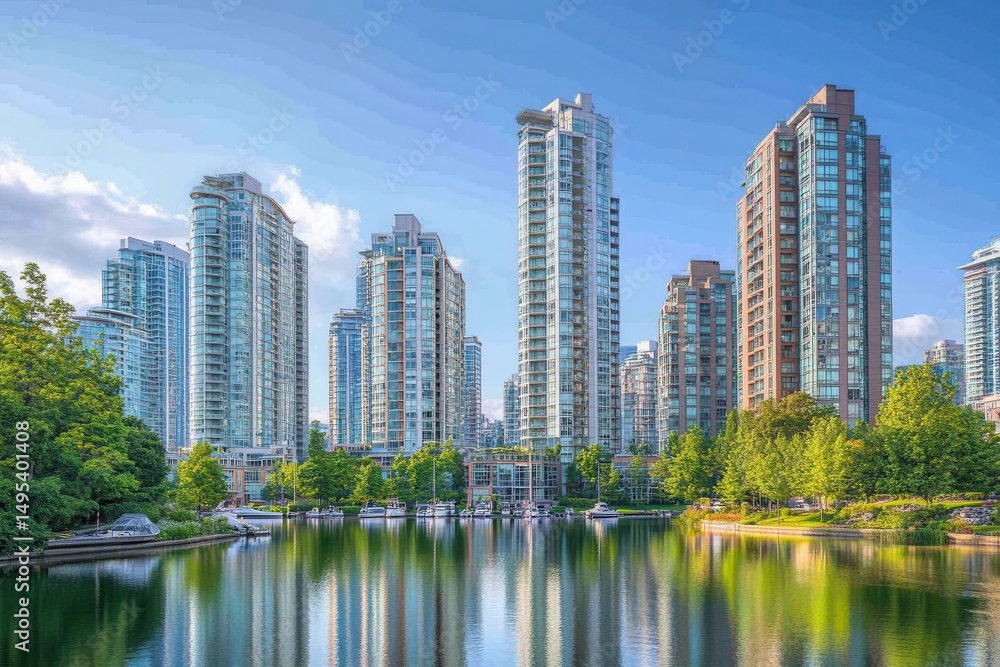 Modern city buildings reflect in a still body of water on a sunny day. Ideal for showcasing urban landscapes, real estate, or city life. Modern city buildings reflect in a still body of water on a sunny day. Ideal for showcasing urban landscapes, real estate, or city life.