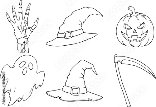 Black and white halloween coloring page set featuring zombie hand, witch hat, pumpkin, and ghost outline drawings