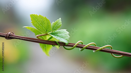 Vibrant green vine leaves wrapped around brown twine in nature