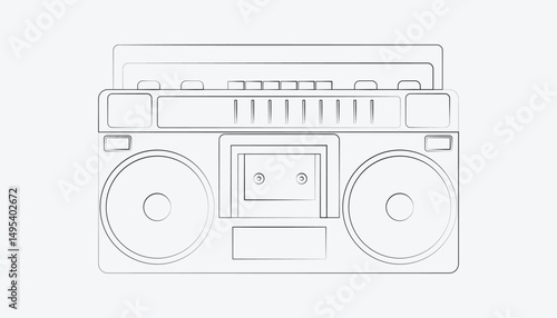 Line art illustration of a vintage cassette boombox with dual speakers and retro audio player.