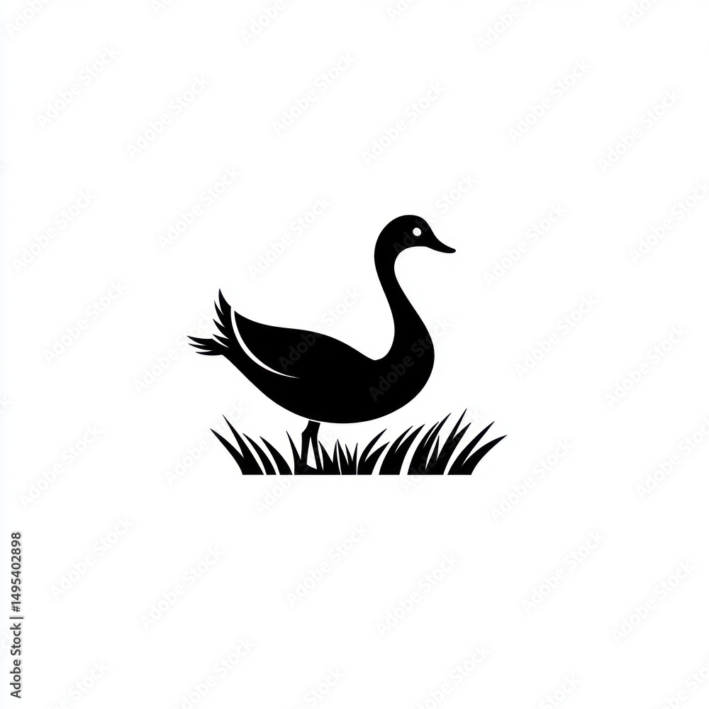 Fototapeta premium Silhouetted duck in grass, simple, graphic design, possible use for icon or logo