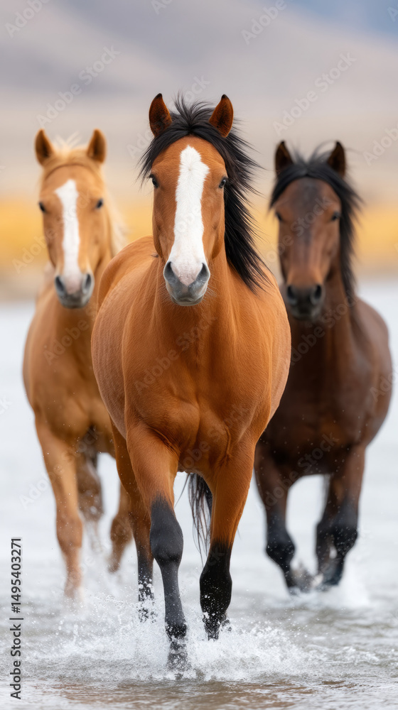 Fototapeta premium Dynamic side view of wild horses splashing water while crossing a river