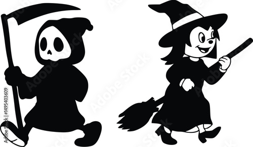 Halloween spooky character silhouettes grim reaper holding scythe and witch with broom walking together in eerie style