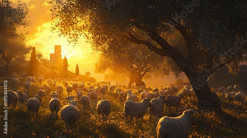 A flock of sheep grazing in a field at sunset time