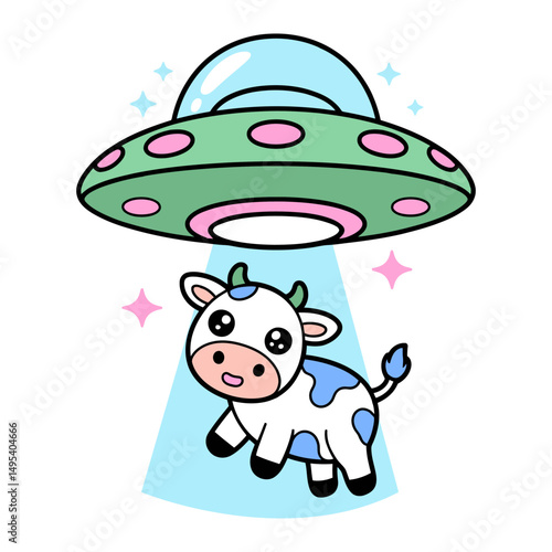 Cute Cartoon Cow Abducted by UFO Illustration